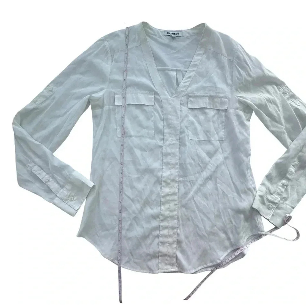 Express white two patch pocket shirt blouse with roll up sleeve Small - Picture 12 of 12